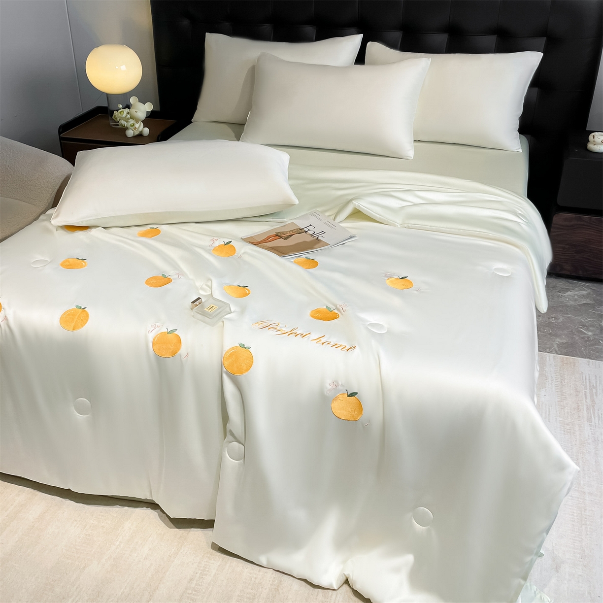 91家纺网 家纺一手货源 找家纺 美澳家纺 2026新款凉感水洗冰丝真丝刺绣双拼单夏被三件套四件套 蜜桔-绿