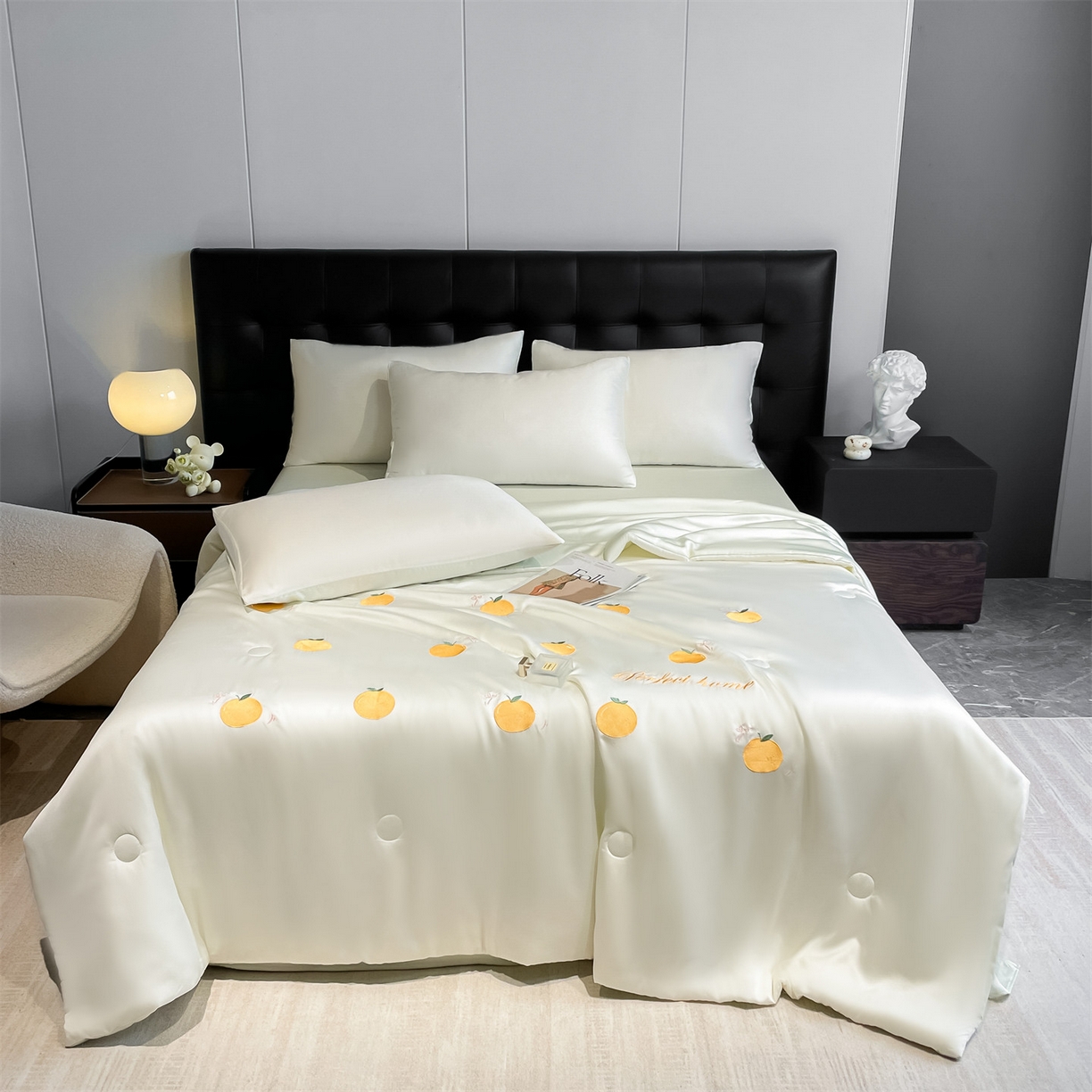 91家纺网 家纺一手货源 找家纺 美澳家纺 2026新款凉感水洗冰丝真丝刺绣双拼单夏被三件套四件套 蜜桔-绿