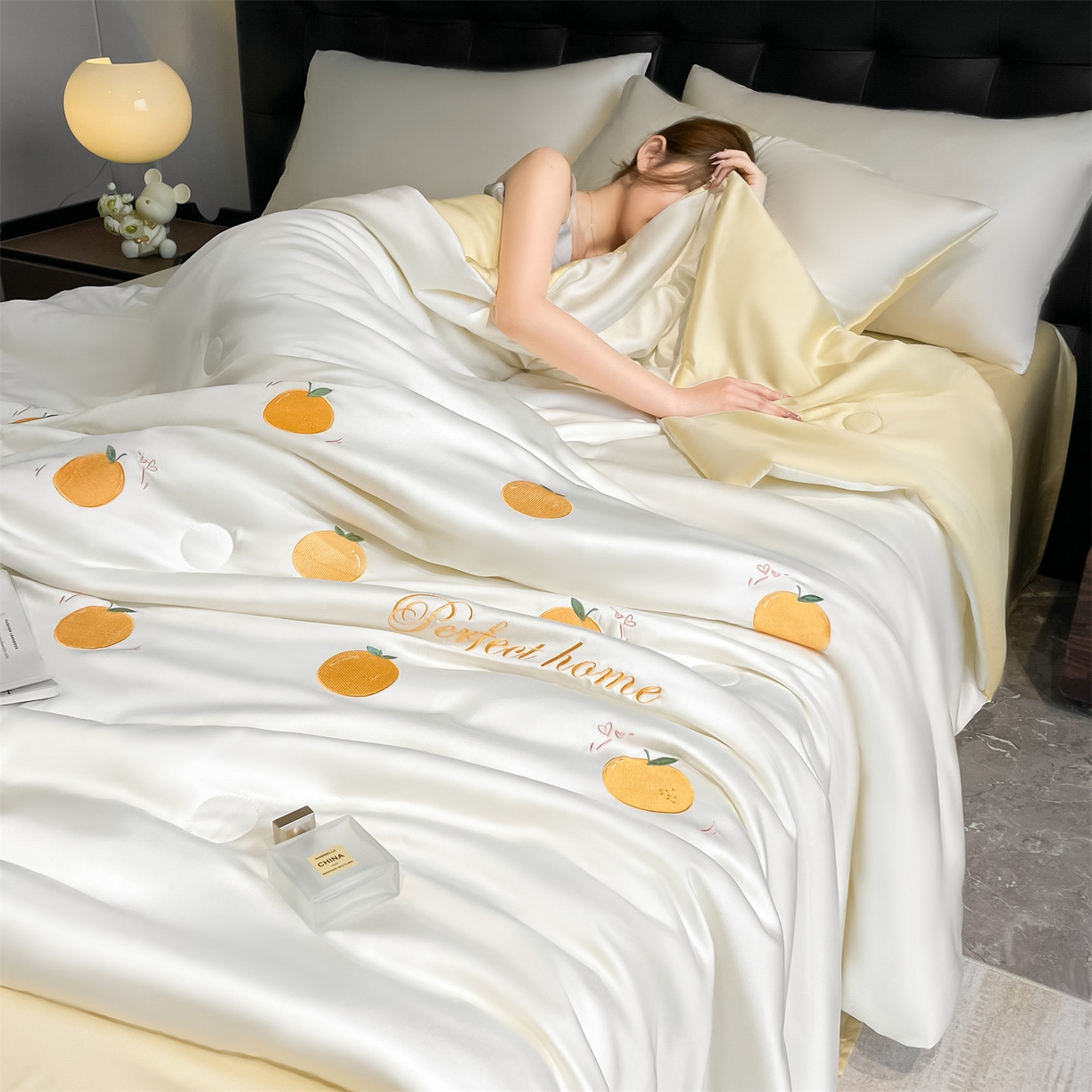 美澳家纺 2026新款凉感水洗冰丝真丝刺绣双拼单夏被三件套四件套 蜜桔-奶黄