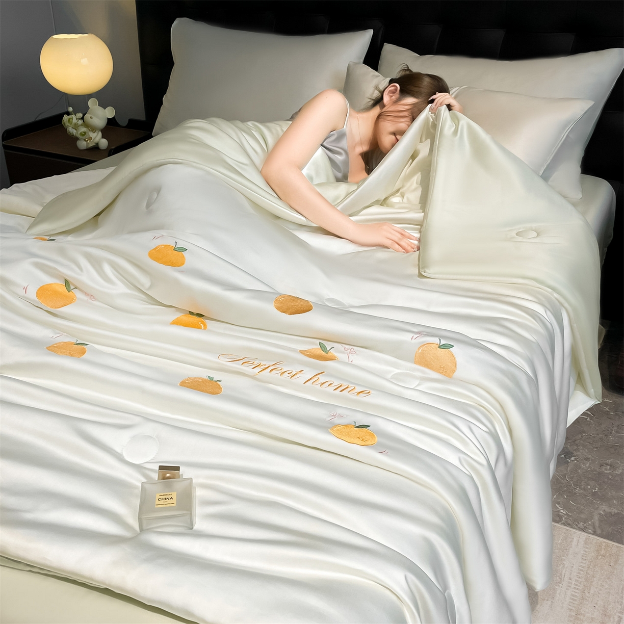 美澳家纺 2026新款凉感水洗冰丝真丝刺绣双拼单夏被三件套四件套 蜜桔-绿