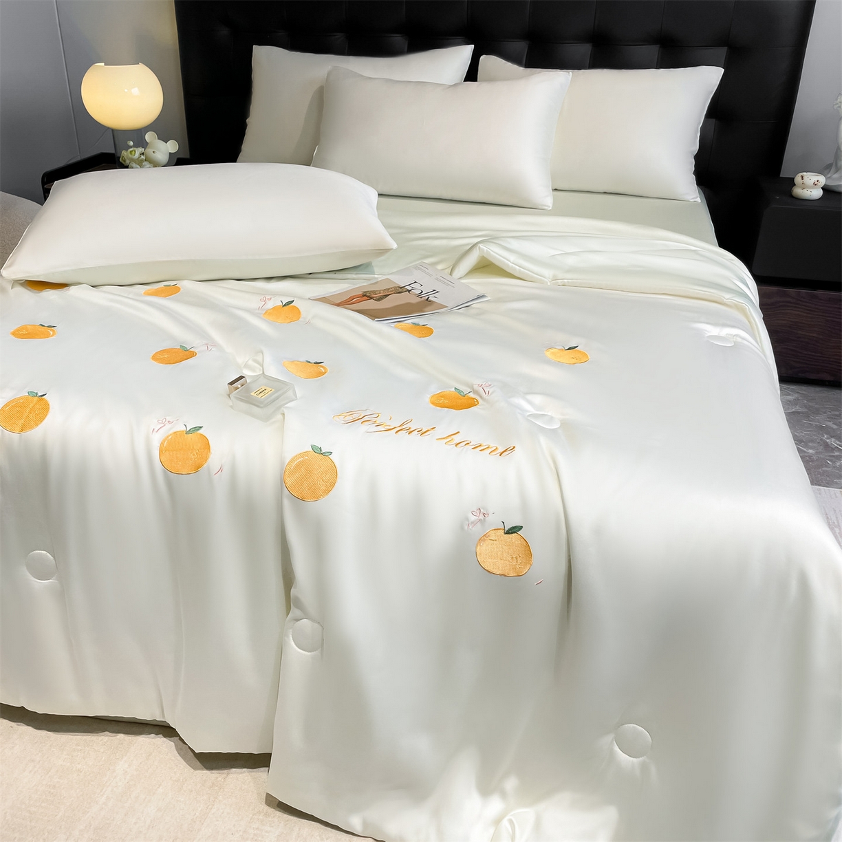 91家纺网 家纺一手货源 找家纺 美澳家纺 2026新款凉感水洗冰丝真丝刺绣双拼单夏被三件套四件套 蜜桔-绿