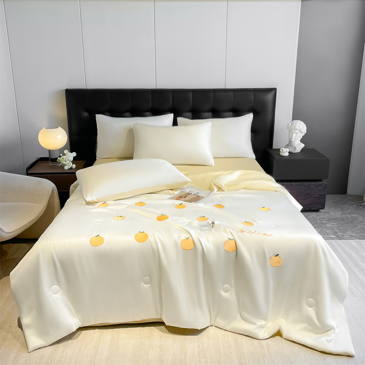 91家纺网 家纺一手货源 找家纺 美澳家纺 2026新款凉感水洗冰丝真丝刺绣双拼单夏被三件套四件套 蜜桔-奶黄