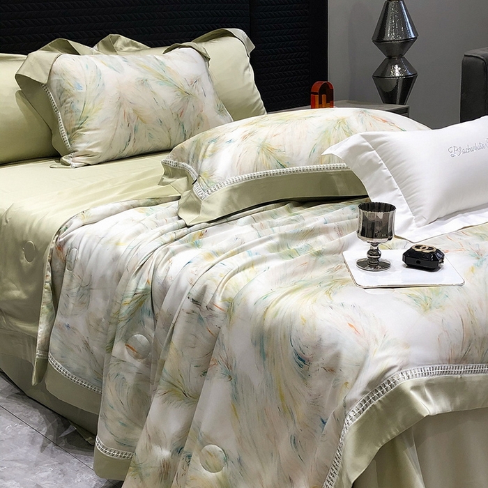 91家纺网 家纺一手货源 找家纺 黑白森林 2026新款天丝印花夏被四件套系列 觅羽-绿