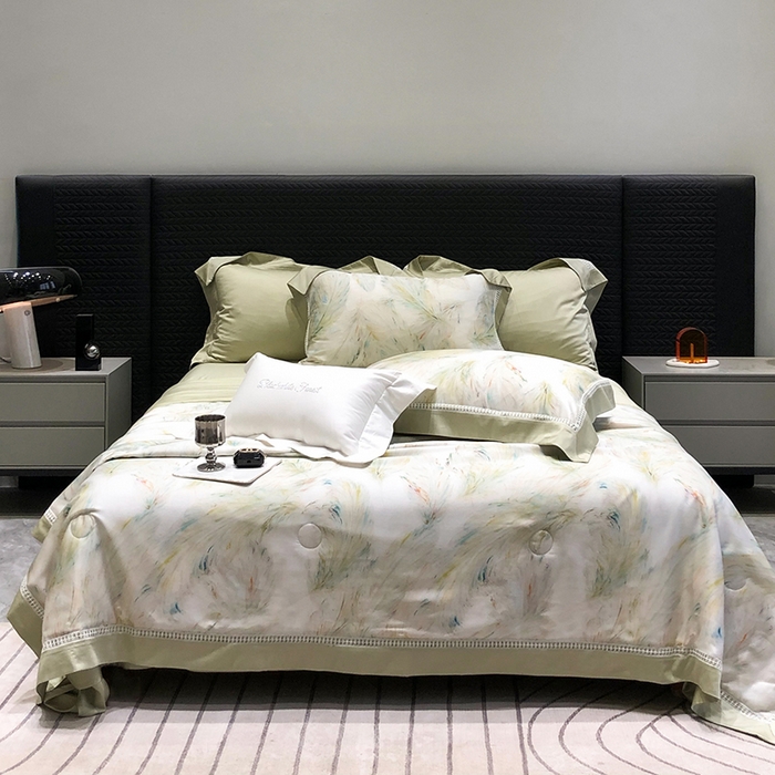 91家纺网 家纺一手货源 找家纺 黑白森林 2026新款天丝印花夏被四件套系列 觅羽-绿