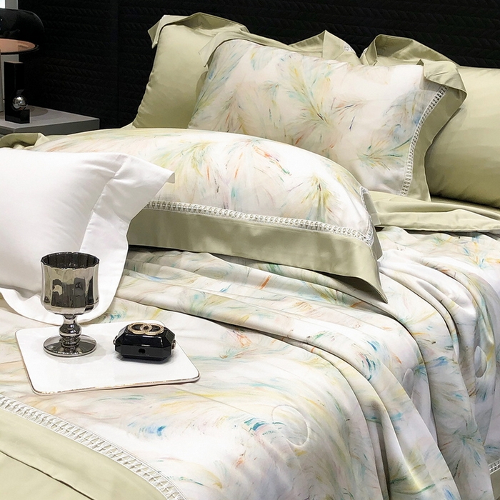 91家纺网 家纺一手货源 找家纺 黑白森林 2026新款天丝印花夏被四件套系列 觅羽-绿