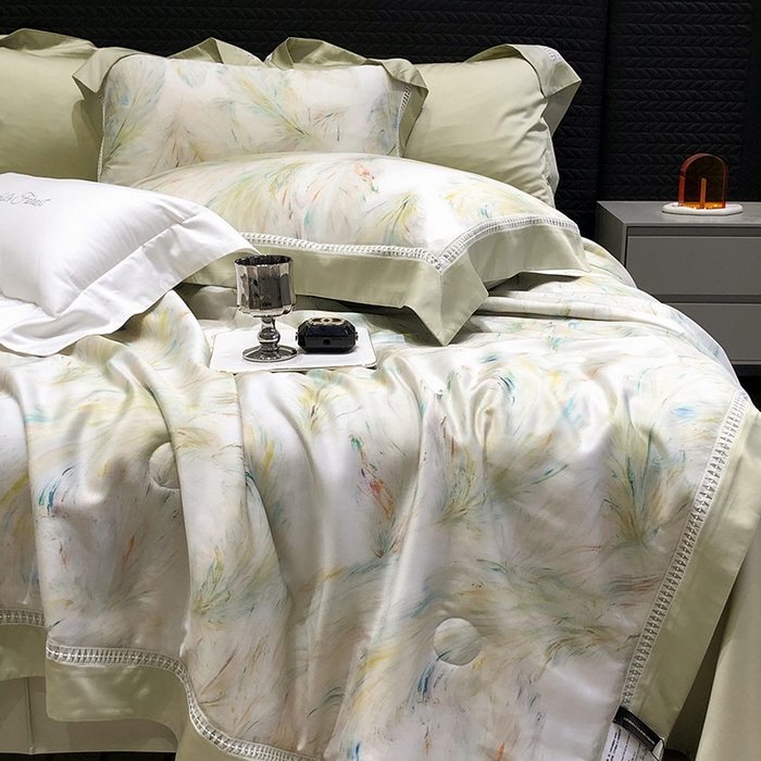 91家纺网 家纺一手货源 找家纺 黑白森林 2026新款天丝印花夏被四件套系列 觅羽-绿