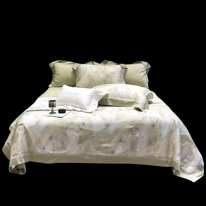 91家纺网 家纺一手货源 找家纺 黑白森林 2026新款天丝印花夏被四件套系列 觅羽-绿