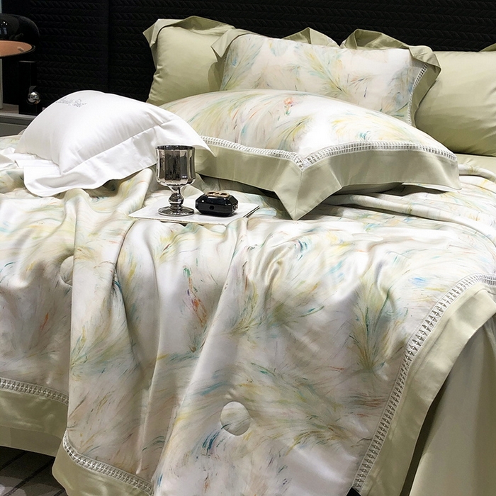 91家纺网 家纺一手货源 找家纺 黑白森林 2026新款天丝印花夏被四件套系列 觅羽-绿