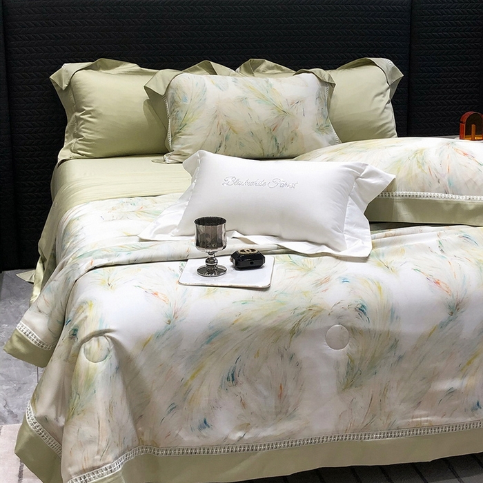 91家纺网 家纺一手货源 找家纺 黑白森林 2026新款天丝印花夏被四件套系列 觅羽-绿