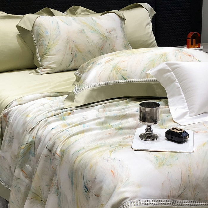 91家纺网 家纺一手货源 找家纺 黑白森林 2026新款天丝印花夏被四件套系列 觅羽-绿