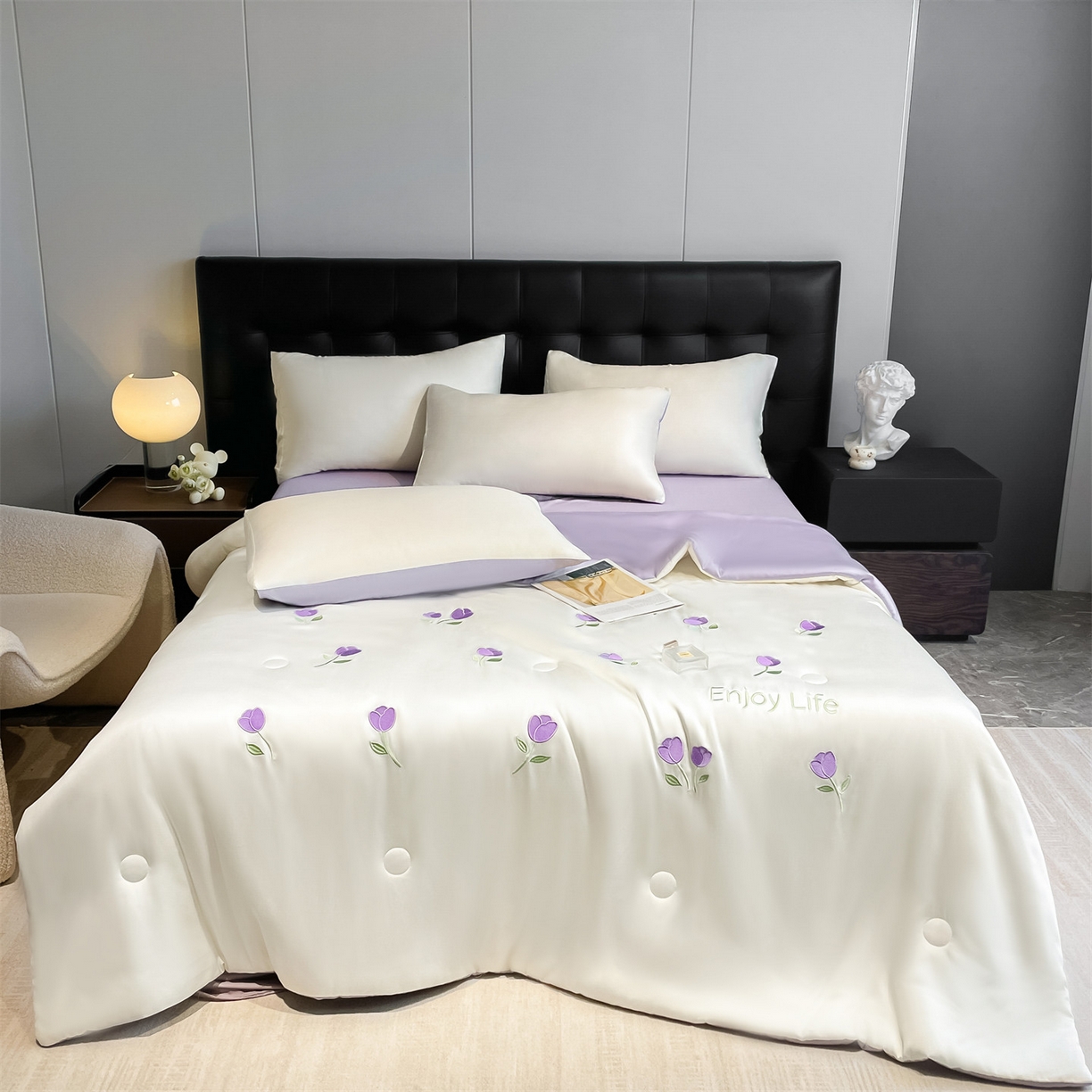 91家纺网 家纺一手货源 找家纺 美澳家纺 2026新款凉感水洗冰丝真丝刺绣双拼单夏被三件套四件套 郁金香-紫