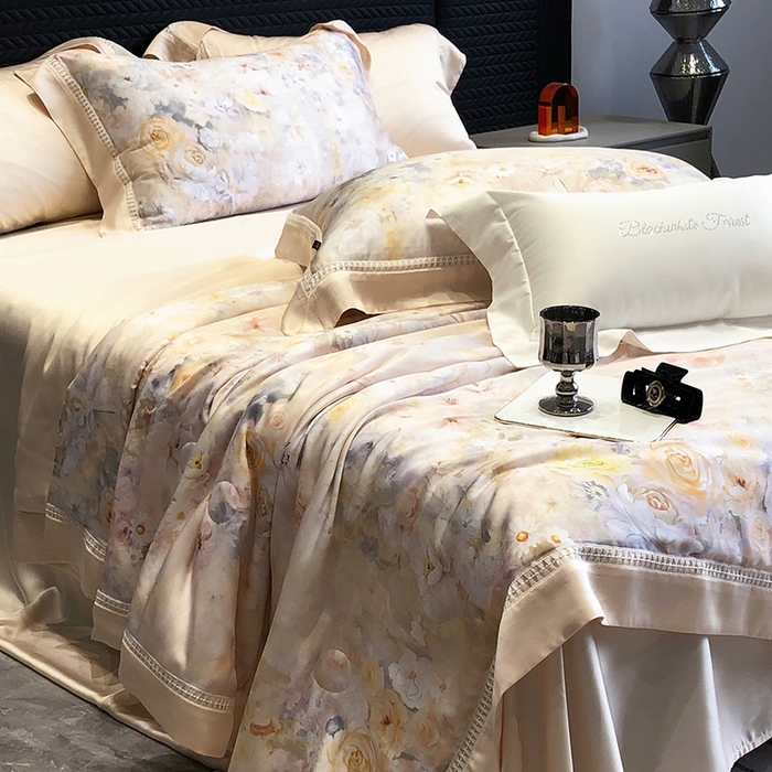 91家纺网 家纺一手货源 找家纺 黑白森林 2026新款天丝印花夏被四件套系列 如愿