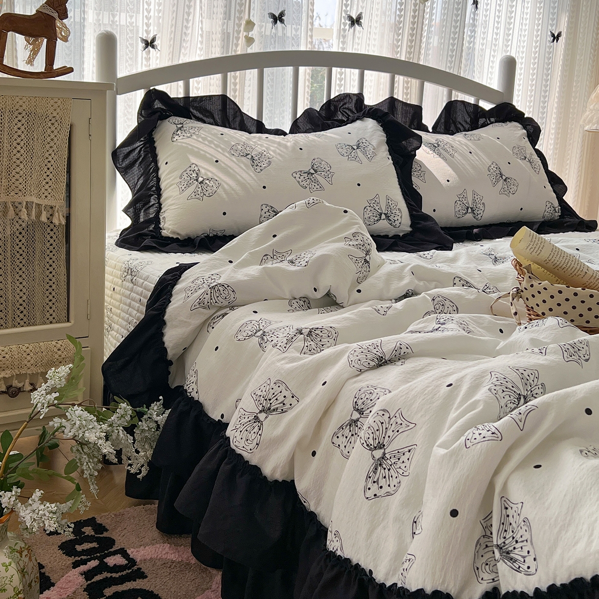 91家纺网 家纺一手货源 找家纺 金梦拉家纺 2026新款皱皱纱泡泡纱法式赫本系列床盖大花边四件套夏被四件套 少女心事