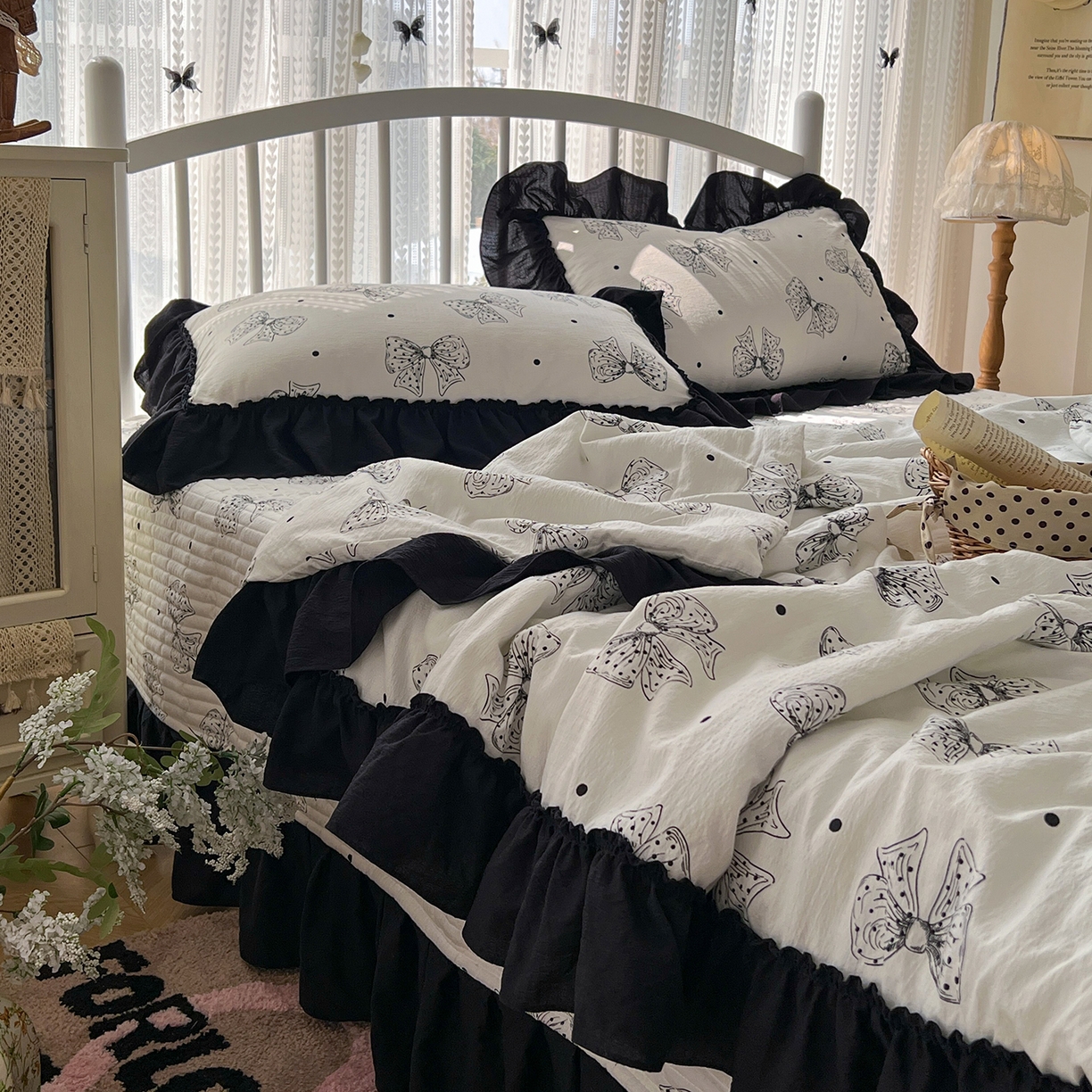 91家纺网 家纺一手货源 找家纺 金梦拉家纺 2026新款皱皱纱泡泡纱法式赫本系列床盖大花边四件套夏被四件套 少女心事