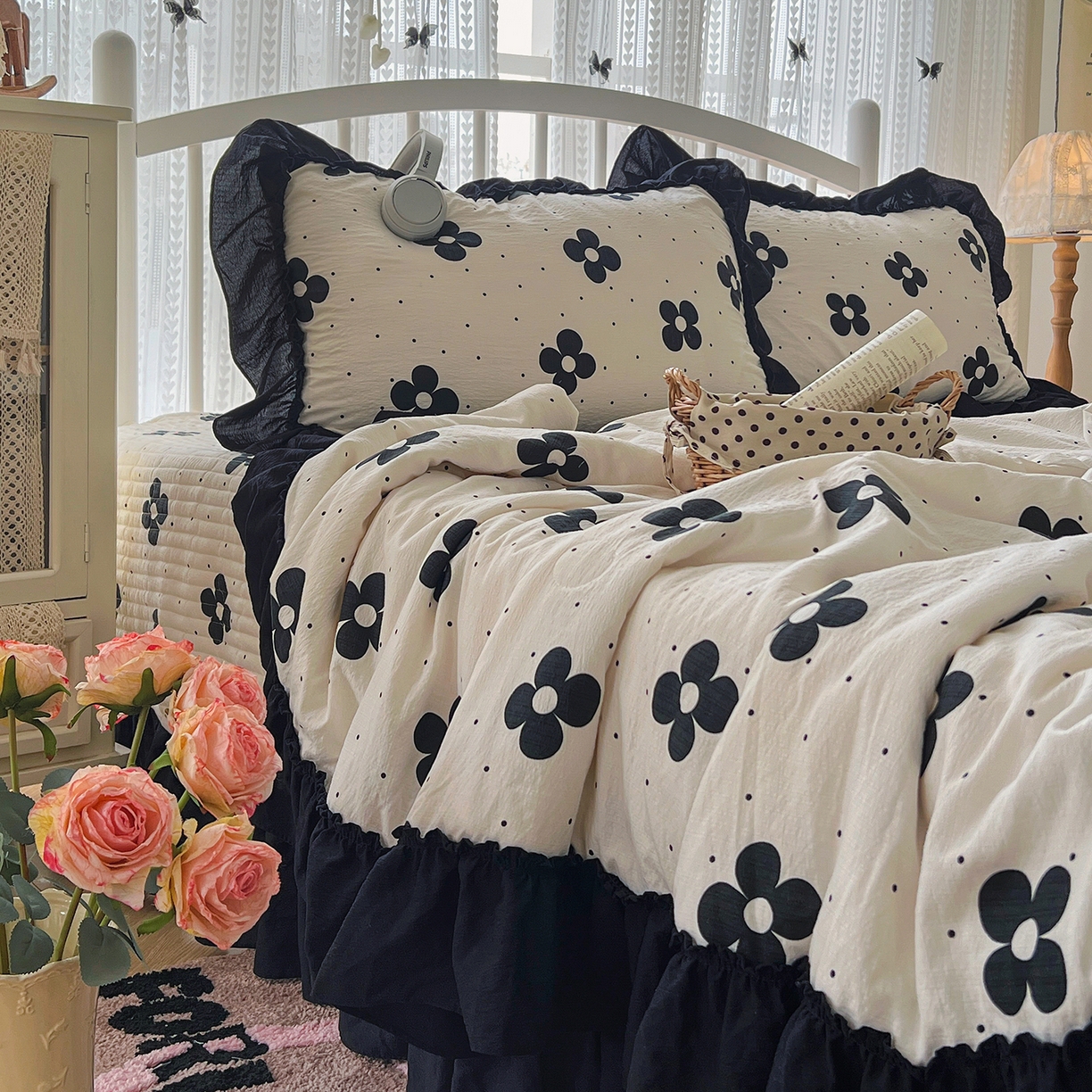 91家纺网 家纺一手货源 找家纺 金梦拉家纺 2026新款皱皱纱泡泡纱法式赫本系列床盖大花边四件套夏被四件套 四叶草