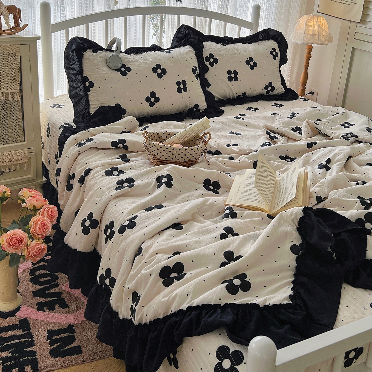 91家纺网 家纺一手货源 找家纺 金梦拉家纺 2026新款皱皱纱泡泡纱法式赫本系列床盖大花边四件套夏被四件套 四叶草