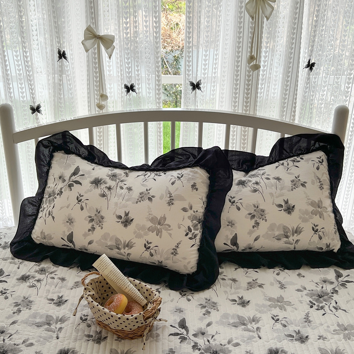 91家纺网 家纺一手货源 找家纺 金梦拉家纺 2026新款皱皱纱泡泡纱法式赫本系列床盖大花边四件套夏被四件套 墨染星辰