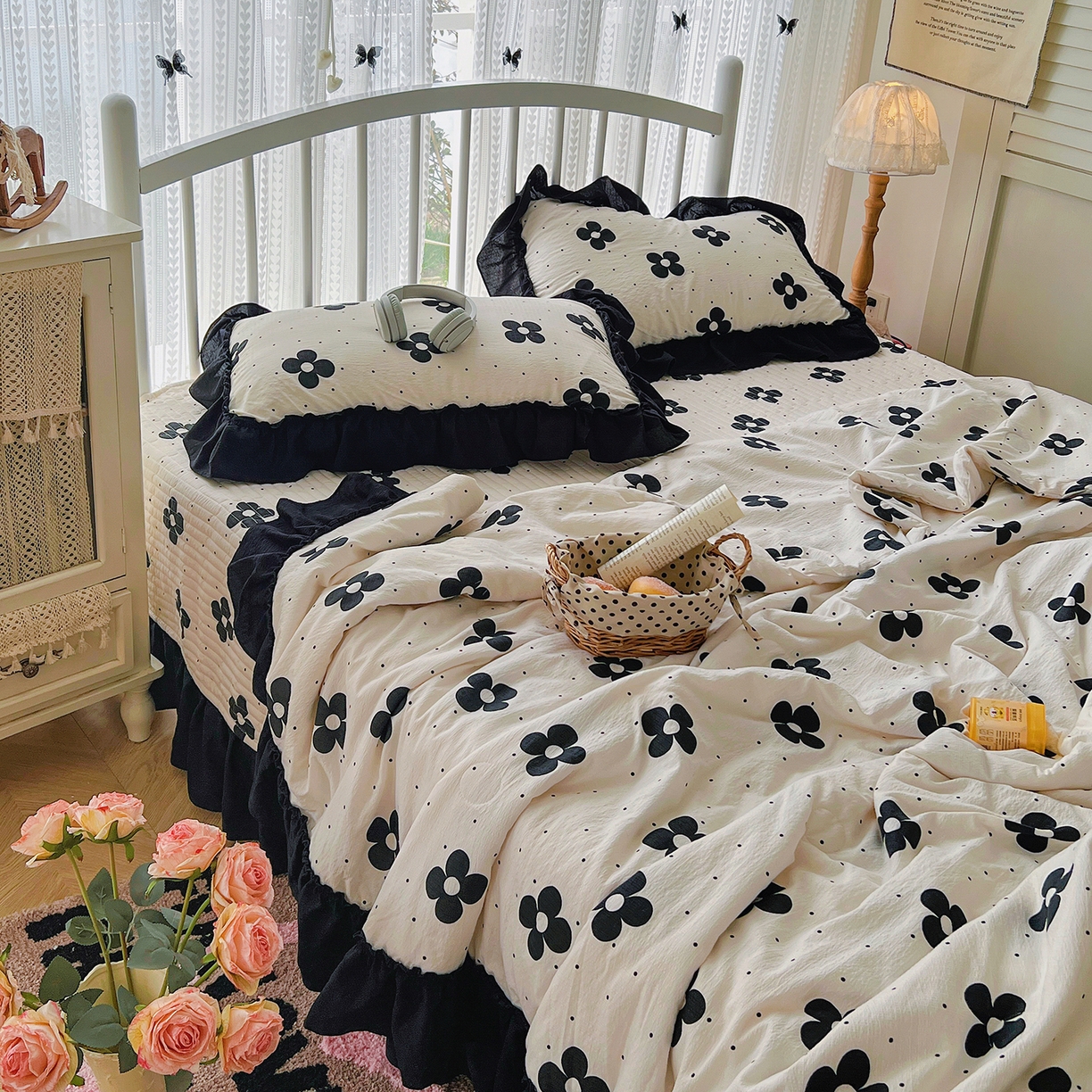 91家纺网 家纺一手货源 找家纺 金梦拉家纺 2026新款皱皱纱泡泡纱法式赫本系列床盖大花边四件套夏被四件套 四叶草