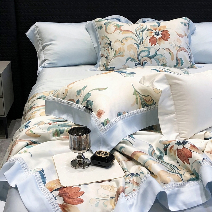 91家纺网 家纺一手货源 找家纺 黑白森林 2026新款天丝印花夏被四件套系列 薇尔-蓝