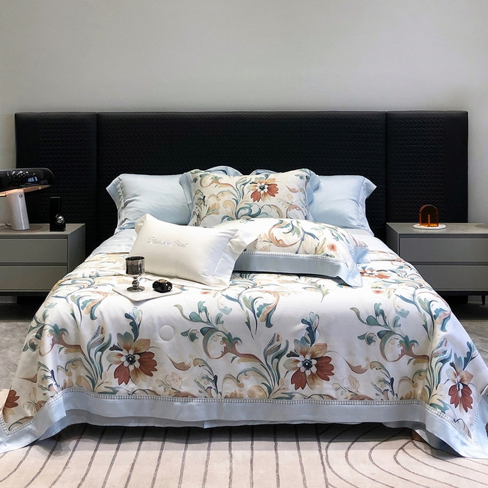 91家纺网 家纺一手货源 找家纺 黑白森林 2026新款天丝印花夏被四件套系列 薇尔-蓝