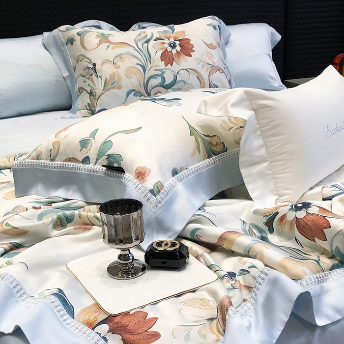 91家纺网 家纺一手货源 找家纺 黑白森林 2026新款天丝印花夏被四件套系列 薇尔-蓝