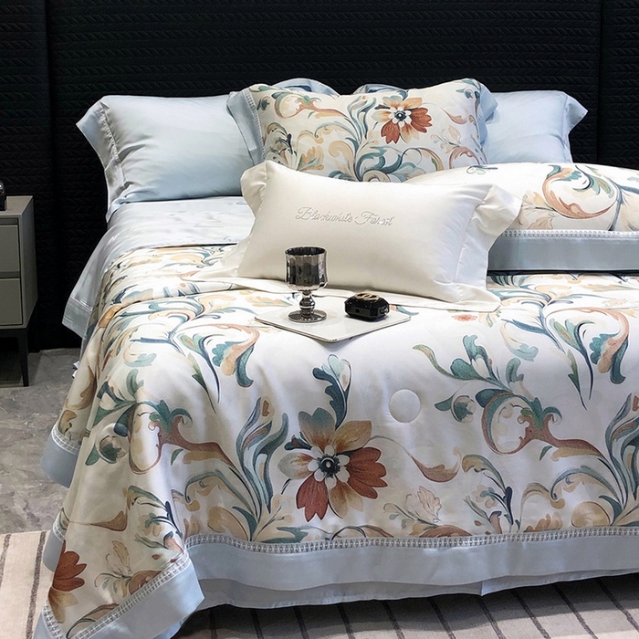 91家纺网 家纺一手货源 找家纺 黑白森林 2026新款天丝印花夏被四件套系列 薇尔-蓝