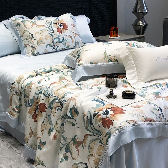 91家纺网 家纺一手货源 找家纺 黑白森林 2026新款天丝印花夏被四件套系列 薇尔-蓝