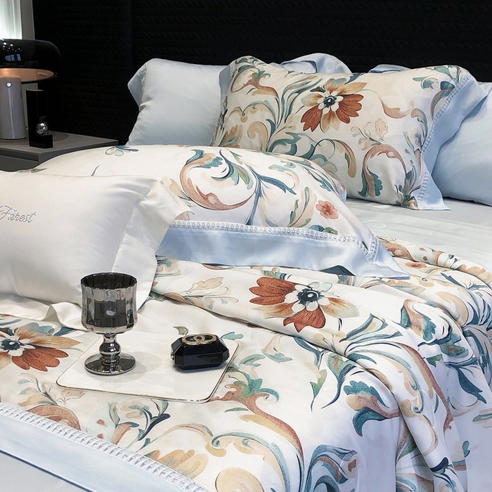 91家纺网 家纺一手货源 找家纺 黑白森林 2026新款天丝印花夏被四件套系列 薇尔-蓝