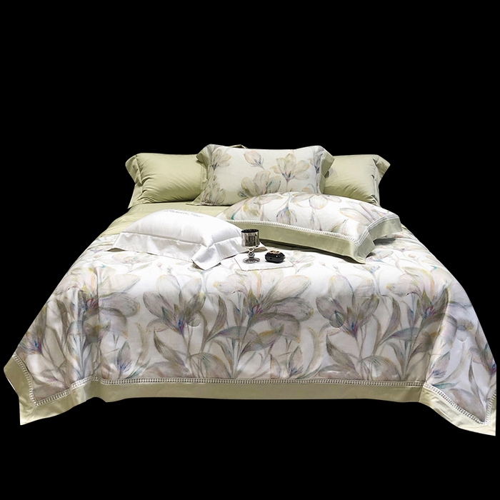 91家纺网 家纺一手货源 找家纺 黑白森林 2026新款天丝印花夏被四件套系列 未央-绿