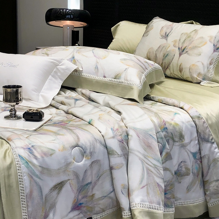 91家纺网 家纺一手货源 找家纺 黑白森林 2026新款天丝印花夏被四件套系列 未央-绿