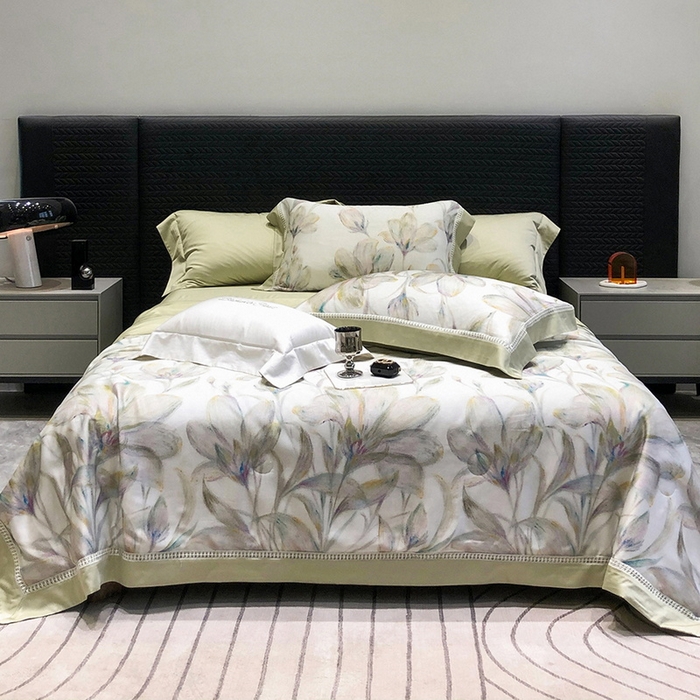 91家纺网 家纺一手货源 找家纺 黑白森林 2026新款天丝印花夏被四件套系列 未央-绿