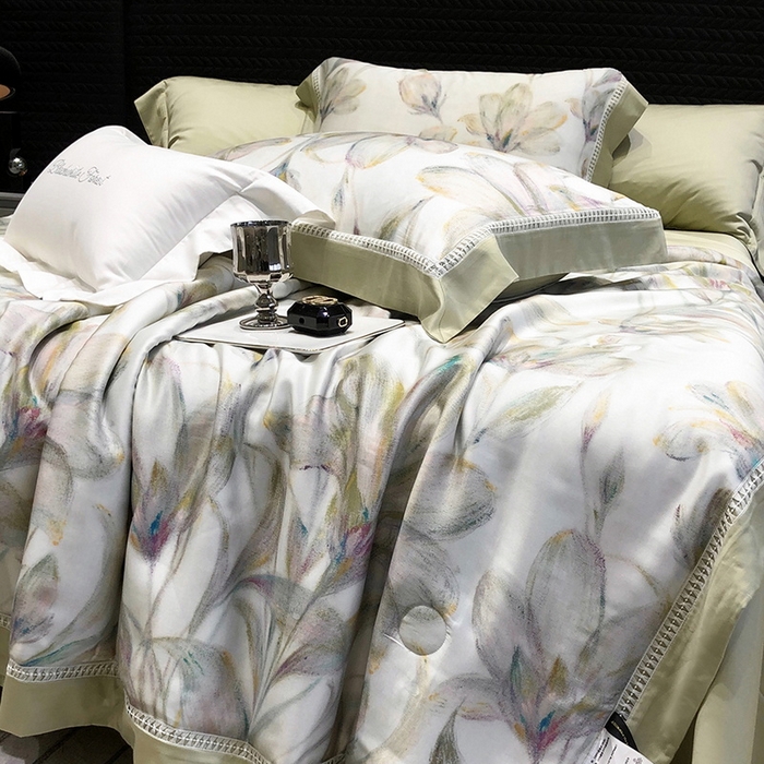 91家纺网 家纺一手货源 找家纺 黑白森林 2026新款天丝印花夏被四件套系列 未央-绿