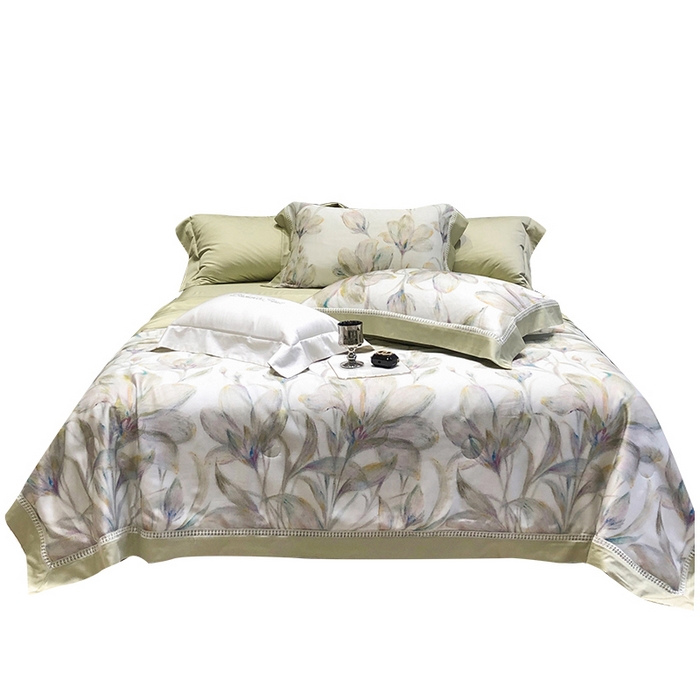 91家纺网 家纺一手货源 找家纺 黑白森林 2026新款天丝印花夏被四件套系列 未央-绿