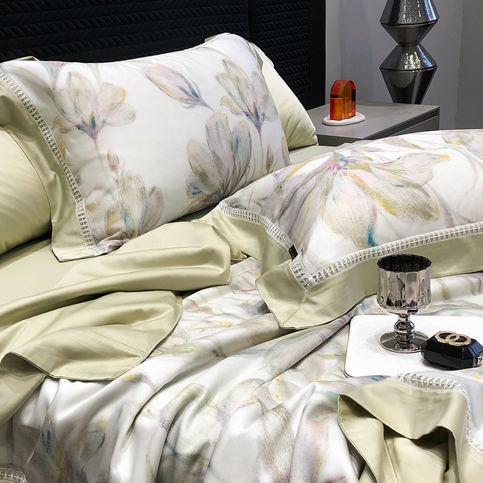 91家纺网 家纺一手货源 找家纺 黑白森林 2026新款天丝印花夏被四件套系列 未央-绿