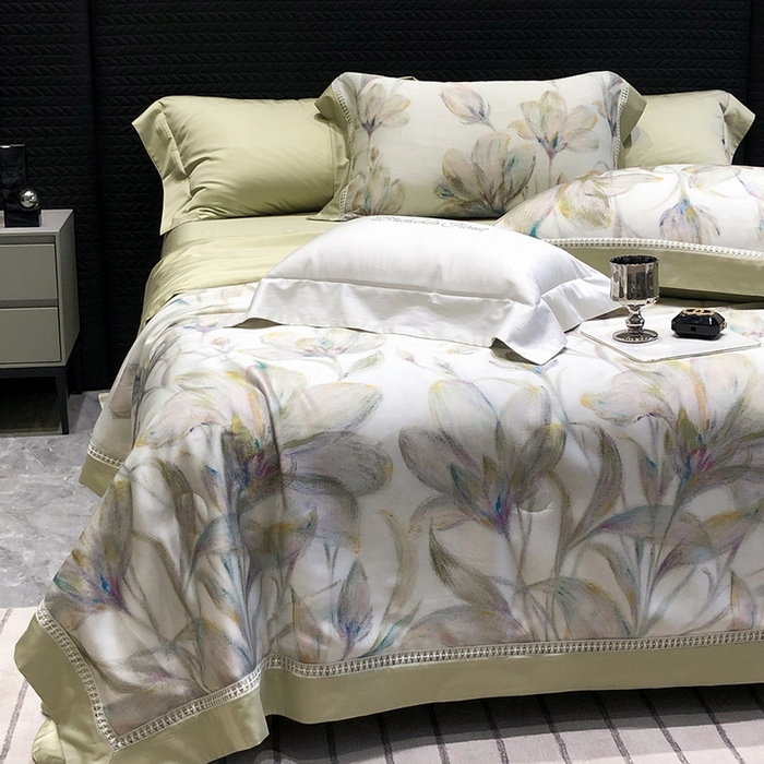 91家纺网 家纺一手货源 找家纺 黑白森林 2026新款天丝印花夏被四件套系列 未央-绿