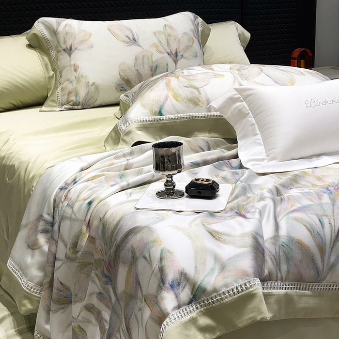 91家纺网 家纺一手货源 找家纺 黑白森林 2026新款天丝印花夏被四件套系列 未央-绿