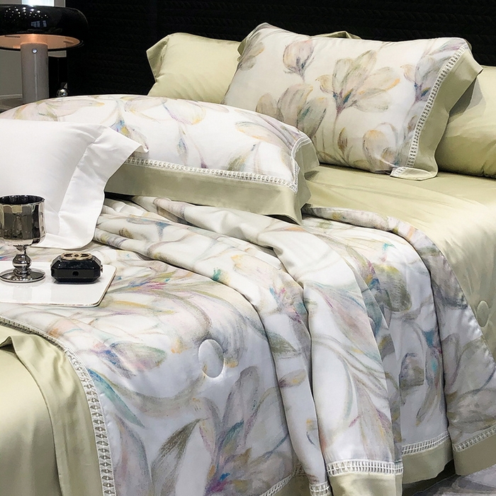 91家纺网 家纺一手货源 找家纺 黑白森林 2026新款天丝印花夏被四件套系列 未央-绿