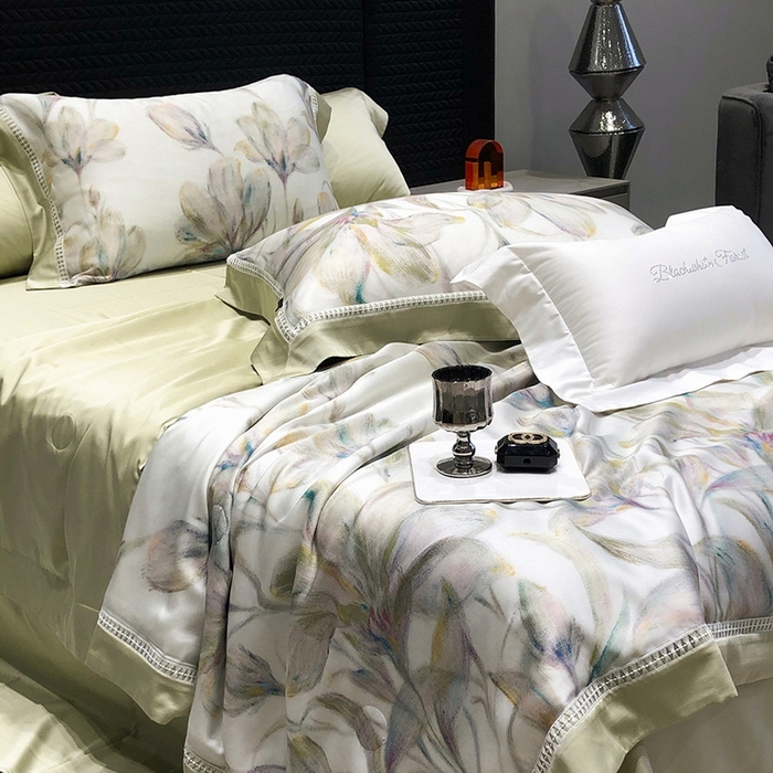 91家纺网 家纺一手货源 找家纺 黑白森林 2026新款天丝印花夏被四件套系列 未央-绿