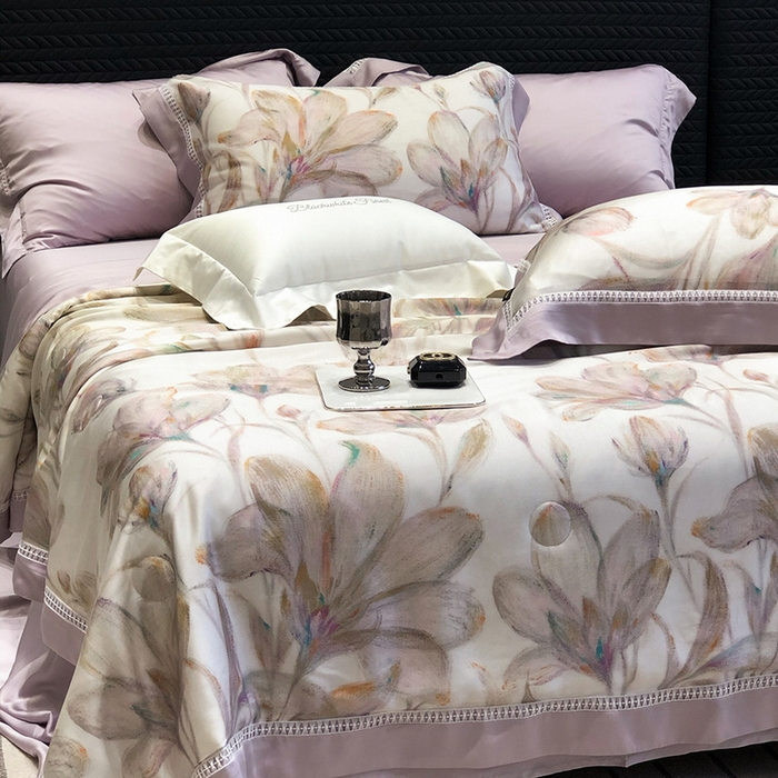 91家纺网 家纺一手货源 找家纺 黑白森林 2026新款天丝印花夏被四件套系列 未央-紫