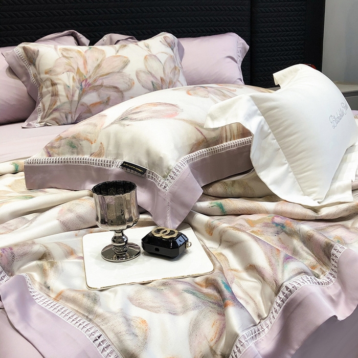 91家纺网 家纺一手货源 找家纺 黑白森林 2026新款天丝印花夏被四件套系列 未央-紫