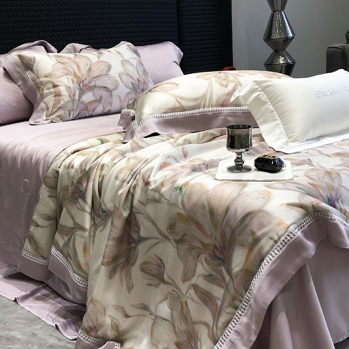 91家纺网 家纺一手货源 找家纺 黑白森林 2026新款天丝印花夏被四件套系列 未央-紫