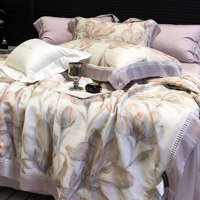 91家纺网 家纺一手货源 找家纺 黑白森林 2026新款天丝印花夏被四件套系列 未央-紫