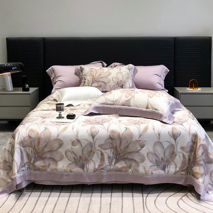 91家纺网 家纺一手货源 找家纺 黑白森林 2026新款天丝印花夏被四件套系列 未央-紫