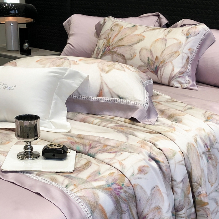 91家纺网 家纺一手货源 找家纺 黑白森林 2026新款天丝印花夏被四件套系列 未央-紫