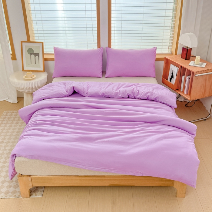 91家纺网 家纺一手货源 找家纺 莎臣豹 2026新款水洗棉磨毛原棉纯色印花简约风四件套风格二 丁香紫