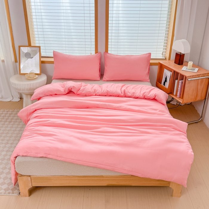 91家纺网 家纺一手货源 找家纺 莎臣豹 2026新款水洗棉磨毛原棉纯色印花简约风四件套风格二 公主粉