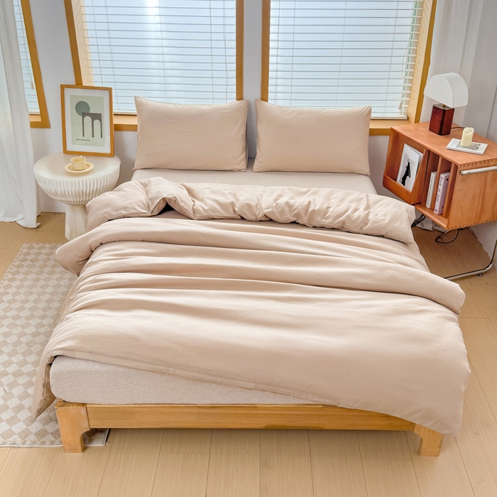 91家纺网 家纺一手货源 找家纺 莎臣豹 2026新款水洗棉磨毛原棉纯色印花简约风四件套风格二 卡其