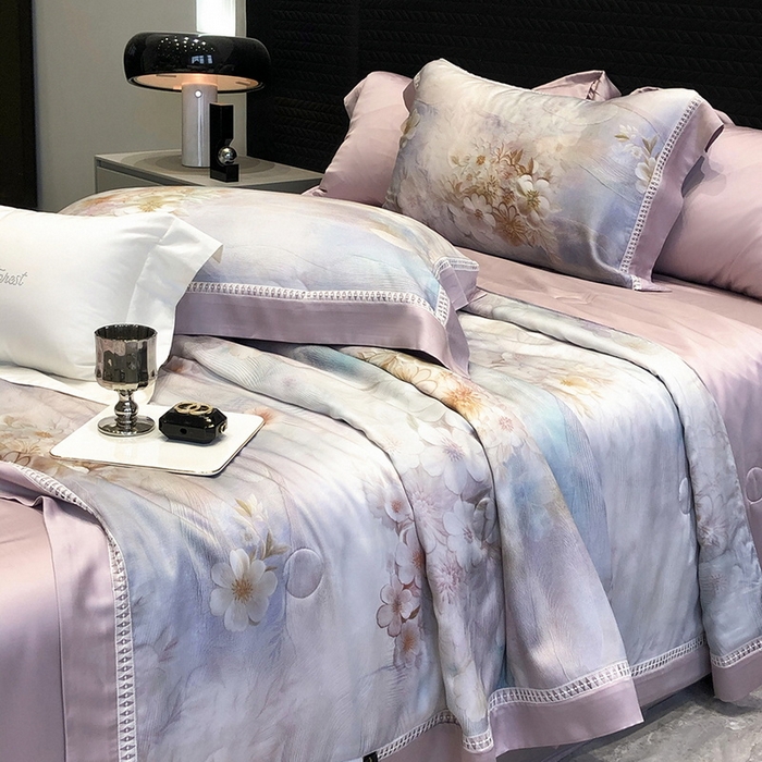 91家纺网 家纺一手货源 找家纺 黑白森林 2026新款天丝印花夏被四件套系列 云馥-紫