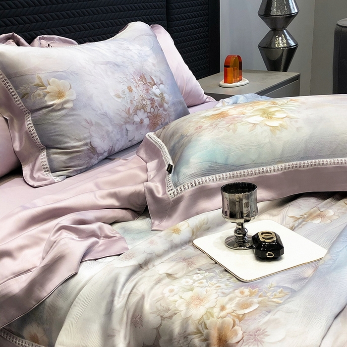 91家纺网 家纺一手货源 找家纺 黑白森林 2026新款天丝印花夏被四件套系列 云馥-紫