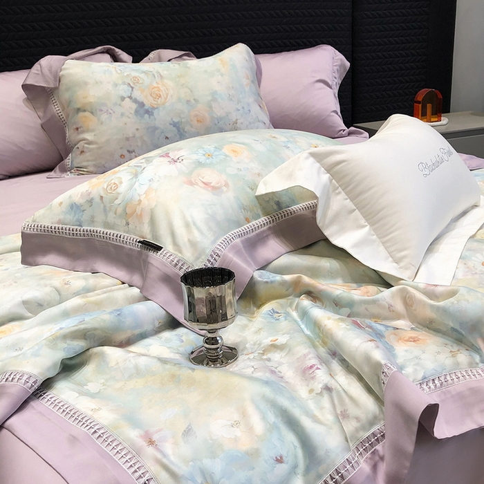 91家纺网 家纺一手货源 找家纺 黑白森林 2026新款天丝印花夏被四件套系列 紫嫣